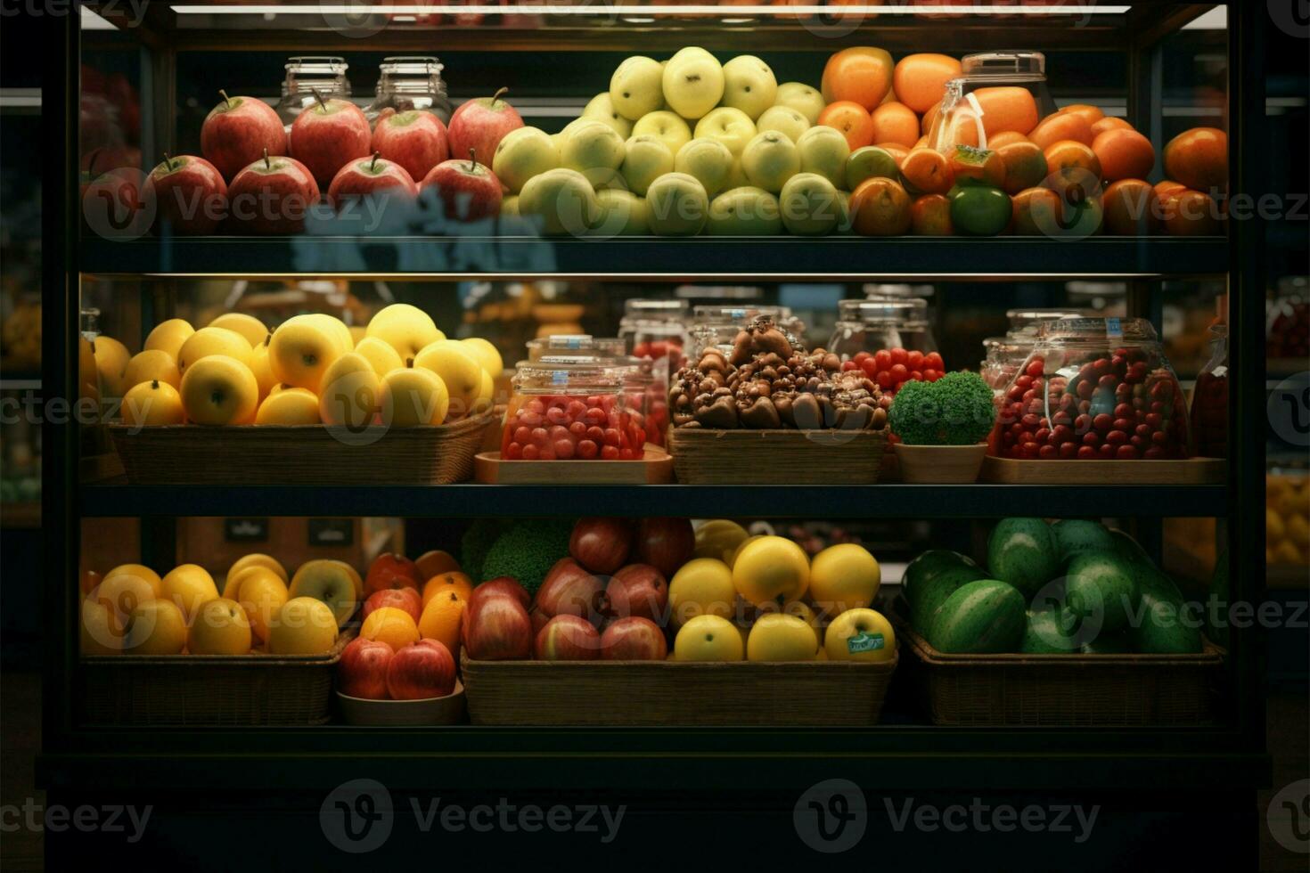 vente au détail afficher Cas grouillant avec un assortiment de pommes, des oranges ai généré photo