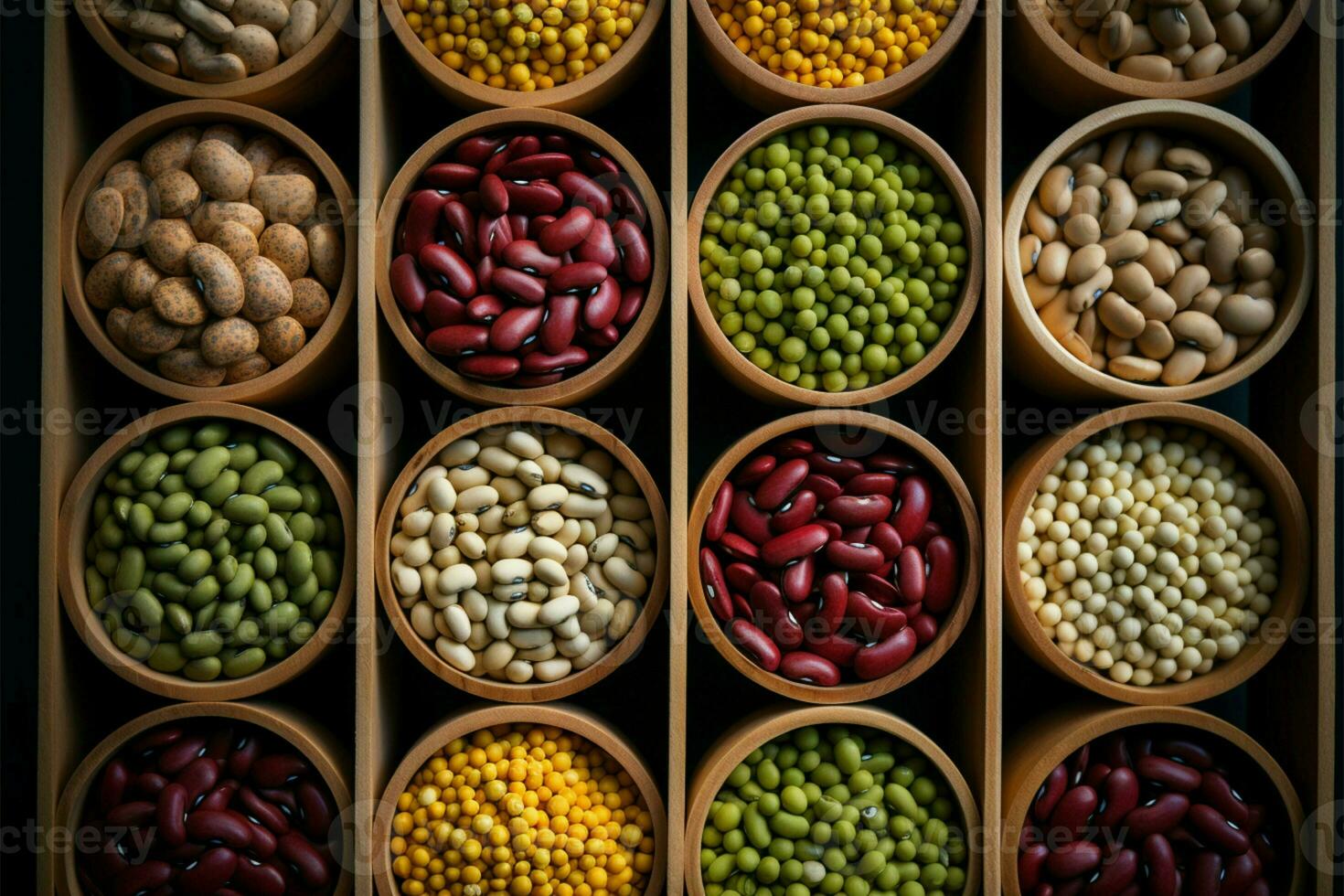 tableau de diverse des haricots vu de au-dessus de, arrangé dans en bois conteneurs ai généré photo