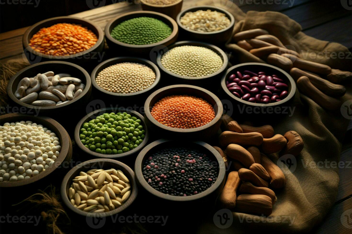 en bois table enrichi par différent sortes de des haricots et des graines ai généré photo