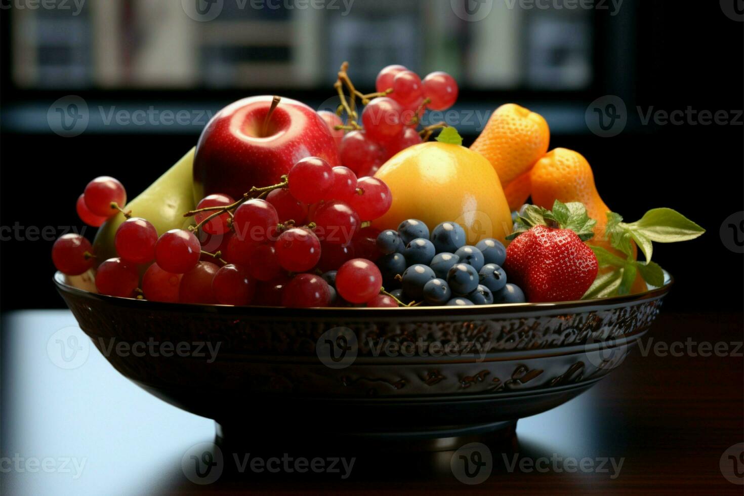 une de bon goût arrangement de assorti des fruits dans une décoratif bol ai généré photo