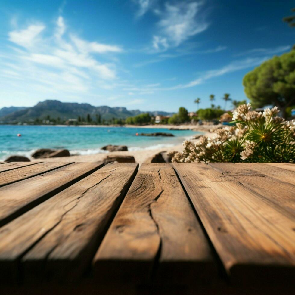 natures étape flou mer île toile de fond cadres en bois table en dessous de Azur ciel pour social médias Publier Taille ai généré photo