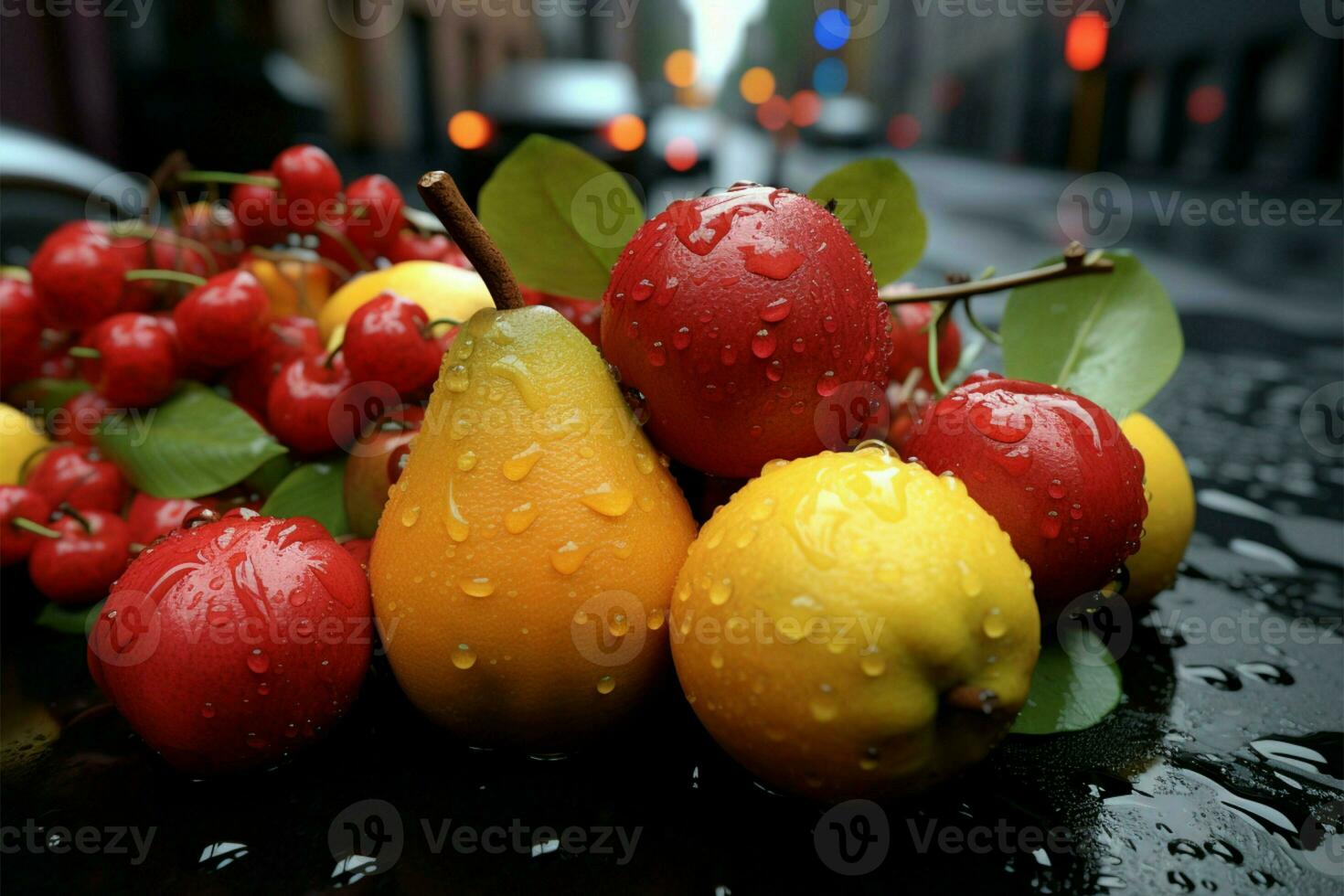 pluie embrassé rue des fruits de au-dessus de, une unique et rafraîchissant vue ai généré photo