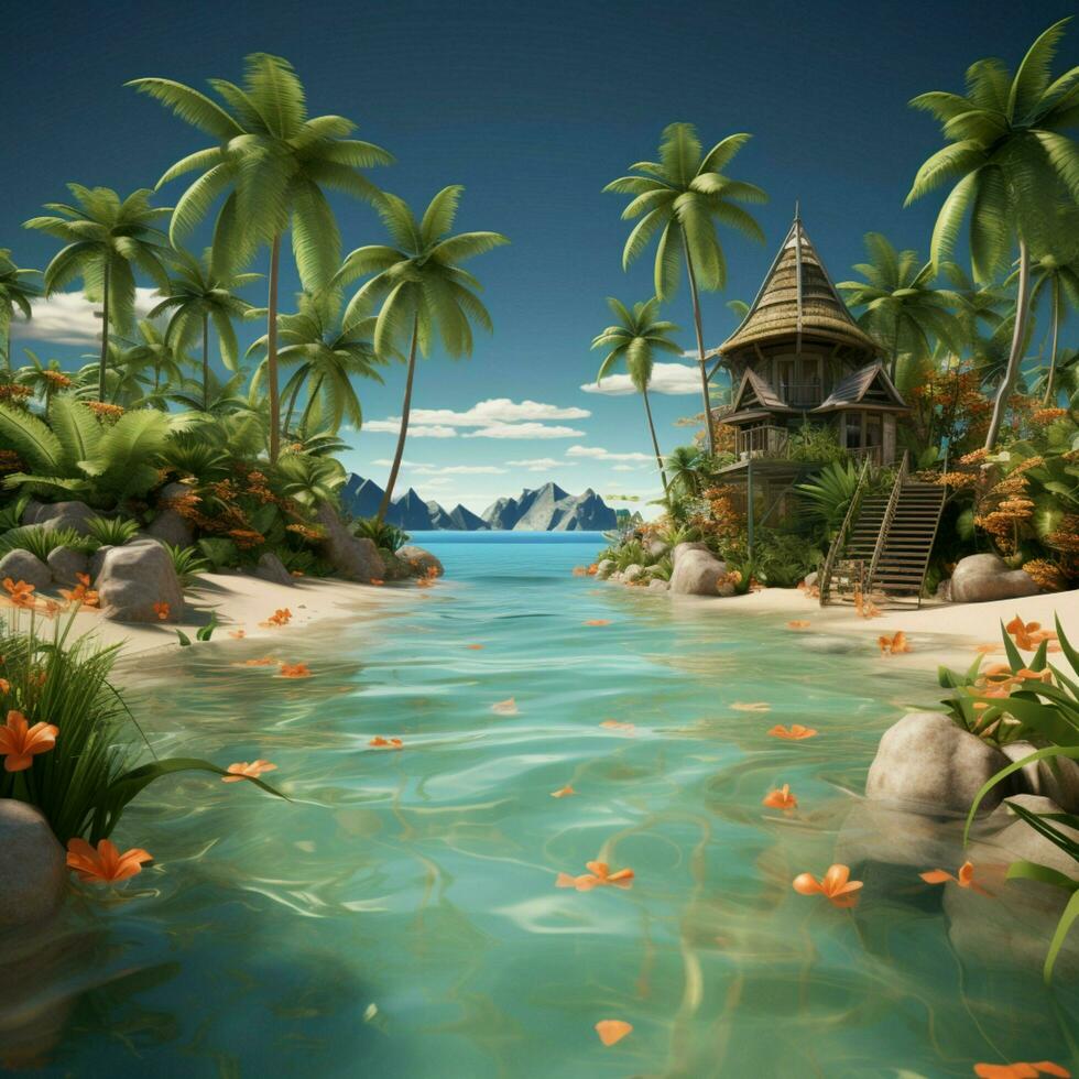 tropical échapper promotion 3d été vente conception avec plage accents et bassin scène pour social médias Publier Taille ai généré photo
