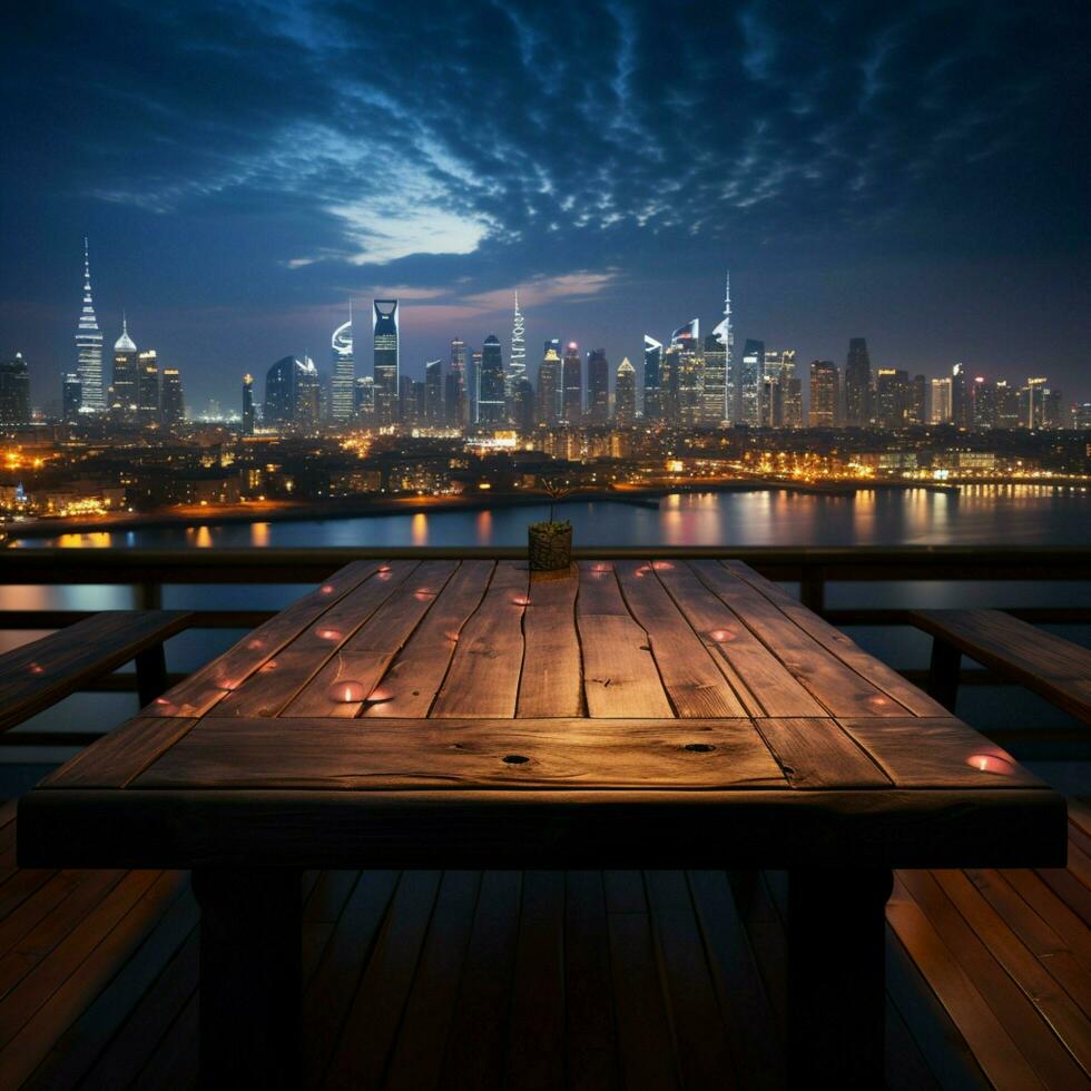 horizon lien en bois table au milieu de ville lumières en dessous de flou nuit ciel pour social médias Publier Taille ai généré photo
