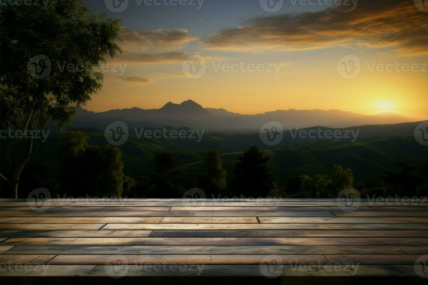 une pittoresque scène en bois table avec une coucher de soleil, ciel, arbre, montagnes ai généré photo