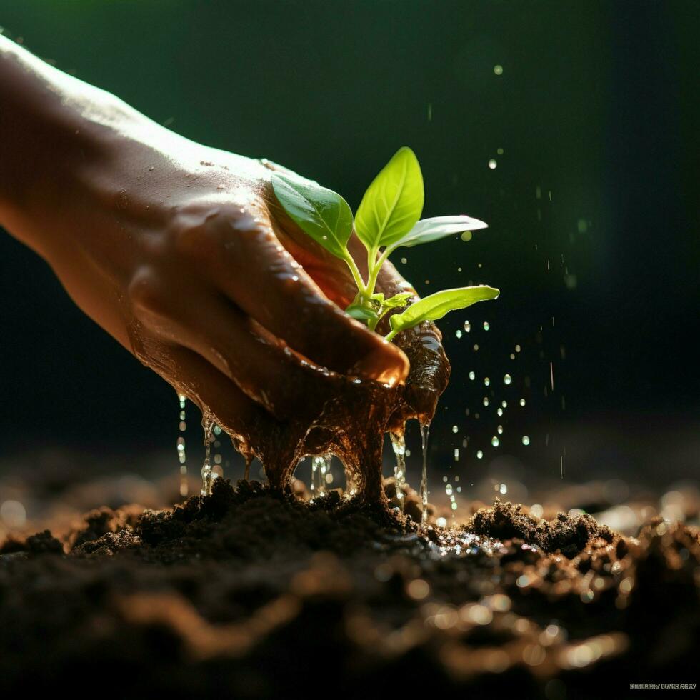 terrestre lien main verse sol sur vert toile de fond, pour plantation ou réflexion pour social médias Publier Taille ai généré photo