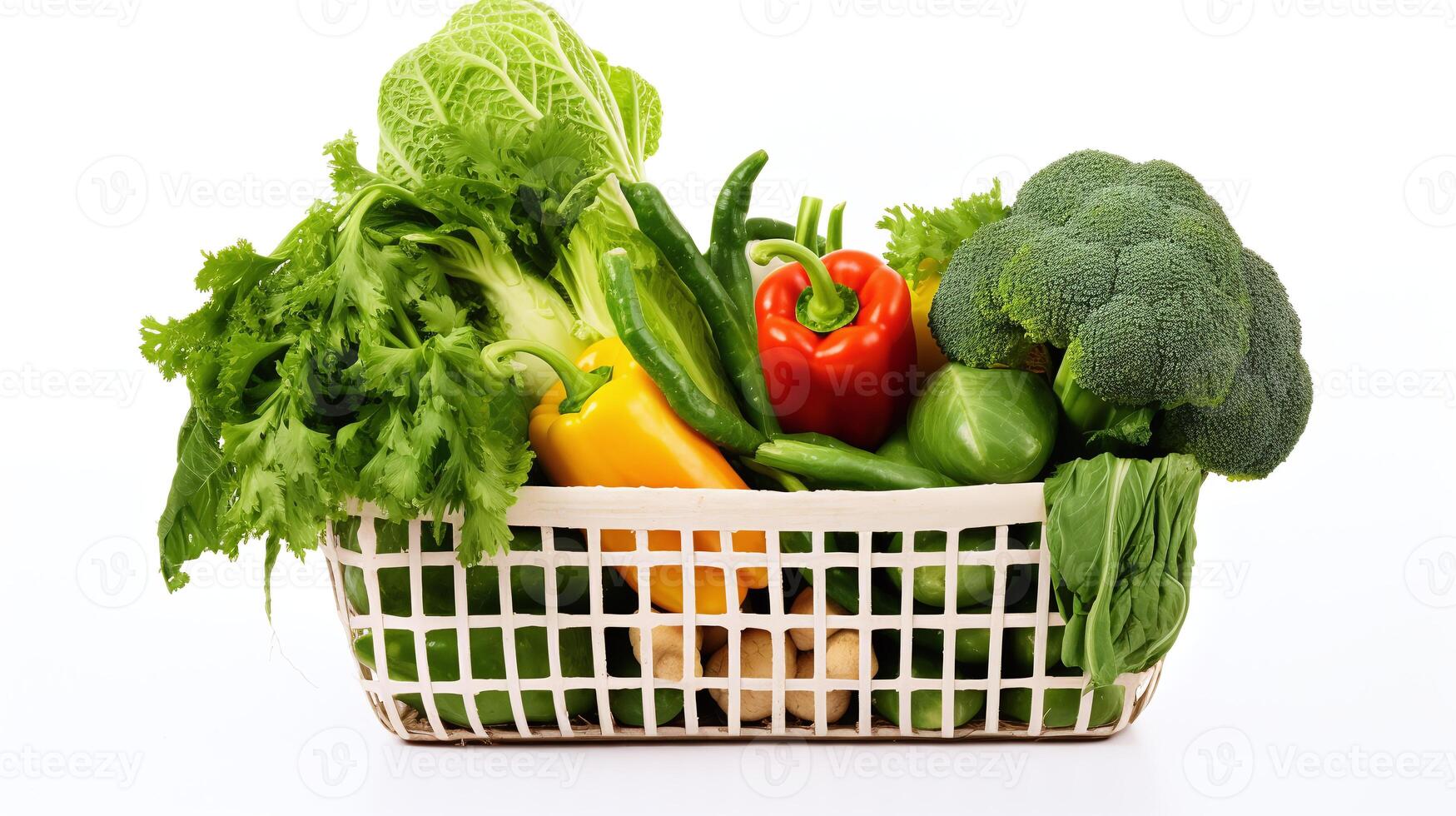 une blanc panier plein des légumes dans blanc Contexte photo