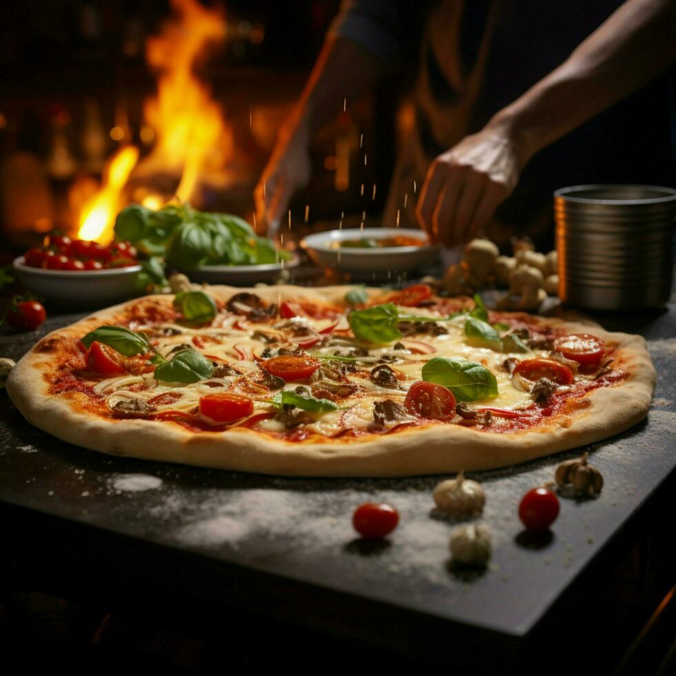 saveur le culinaire compétence de notre chef dans chaque Hôtel restaurant Pizza pour social médias Publier Taille ai généré photo