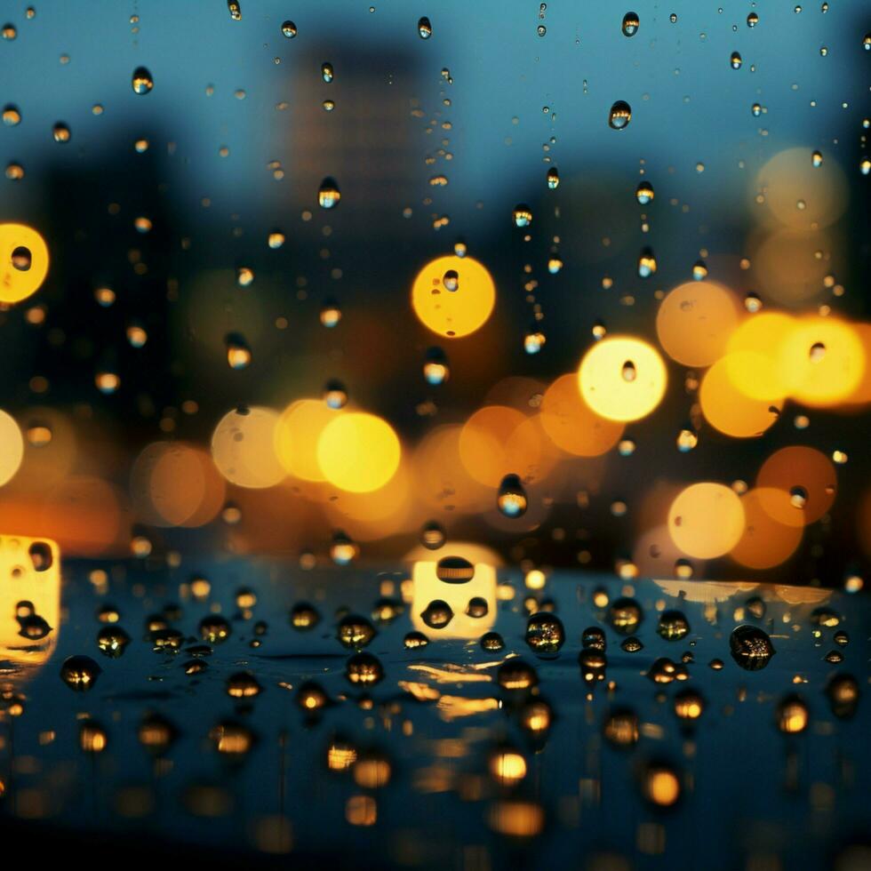 doux concentrer gouttes de pluie sur verre transformer le nuit paysage urbain toile de fond pour social médias Publier Taille ai généré photo