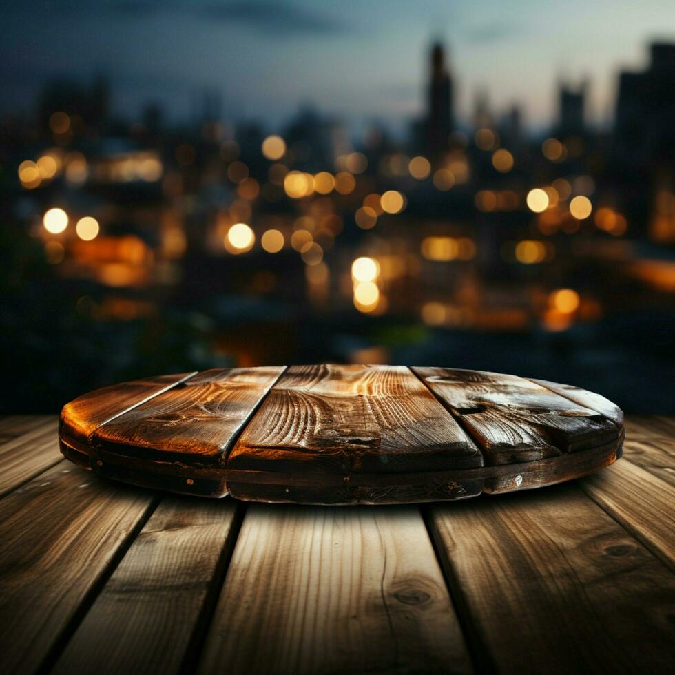 table dans Naturel projecteur vacant en bois Plate-forme prêt pour produit montages en plein air pour social médias Publier Taille ai généré photo