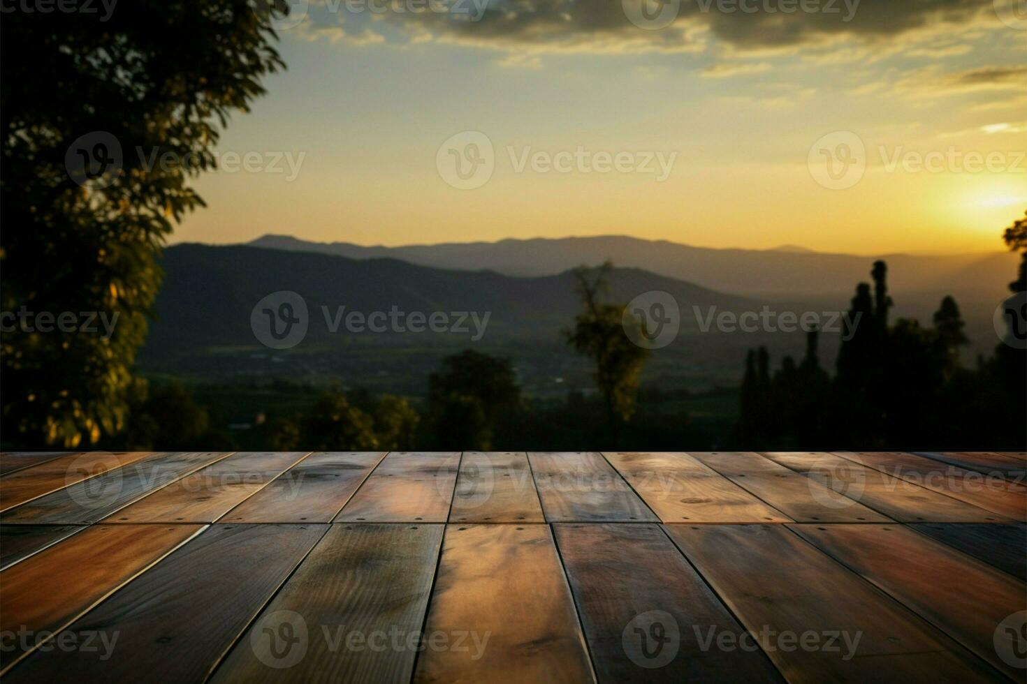 en bois table embrassé par une étourdissant toile de fond de coucher de soleil, natures éléments ai généré photo