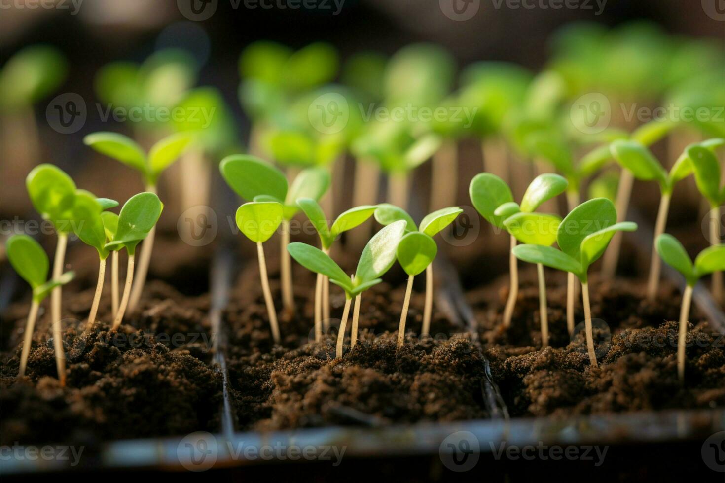 minuscule les plantes attendre croissance dans un ordonné et efficace plantation plateau ai généré photo