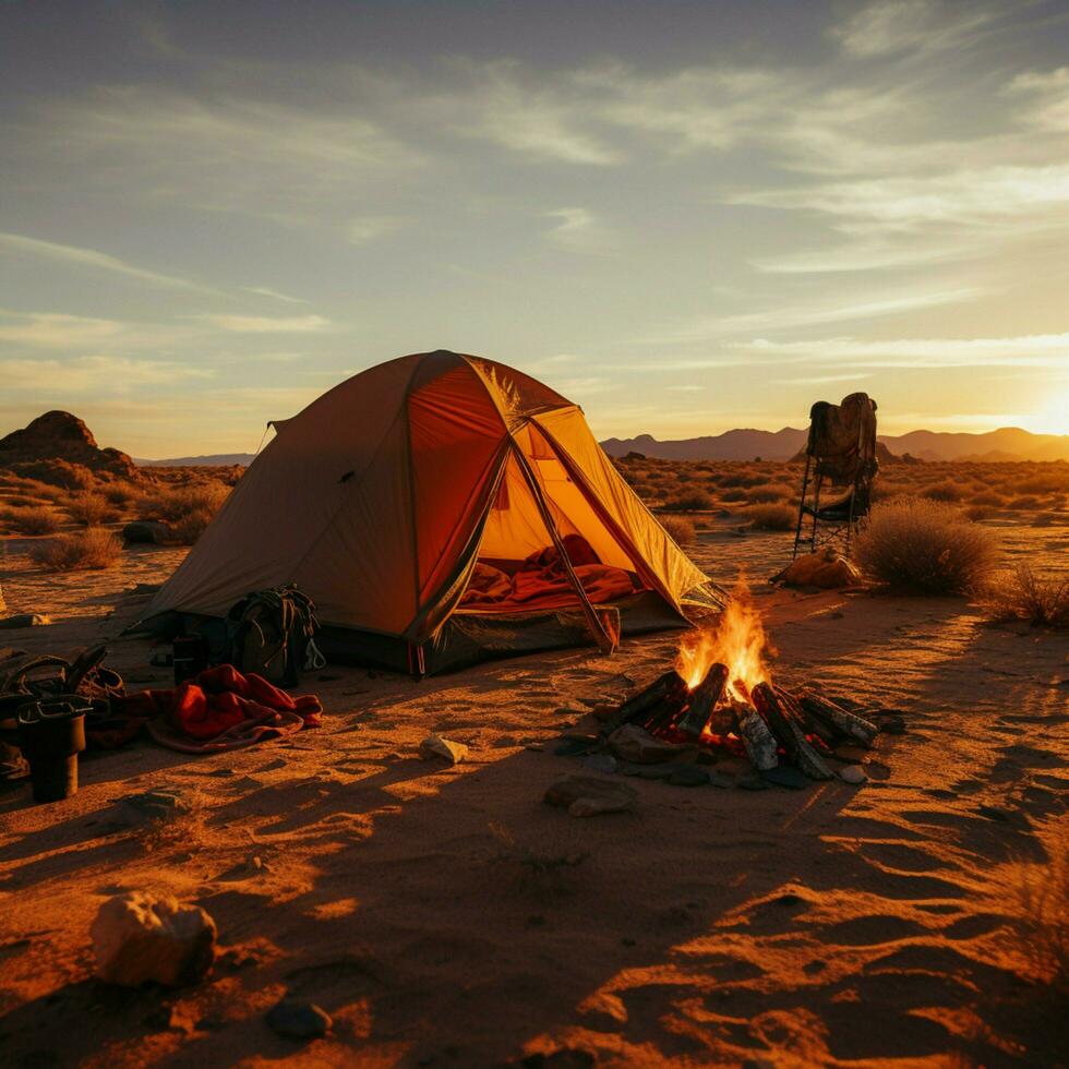 perdu dans désert tranquillité site de camp dans éloigné Dénudé atterrir, embrassement isolement pour social médias Publier Taille ai généré photo