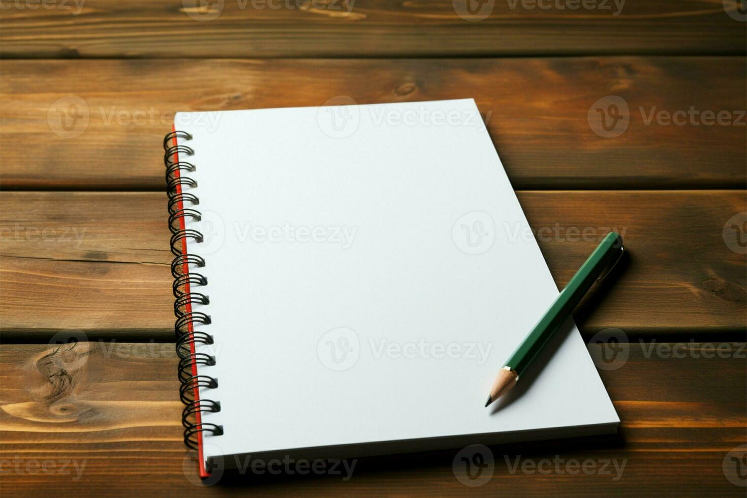 rouge crayon et bloc-notes sur une en bois table pour griffonner buts et Tâches ai généré photo