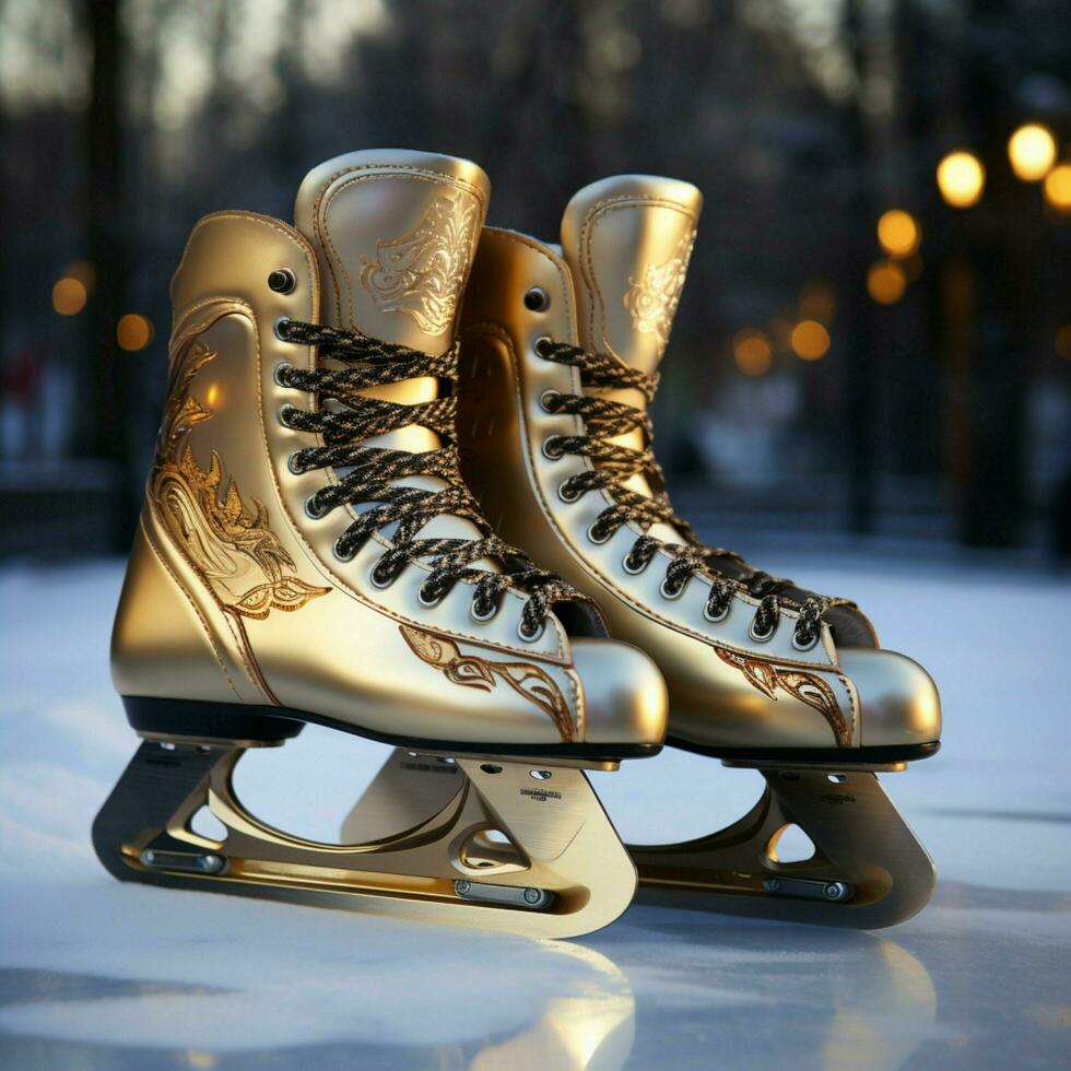 le sien le hockey patins rencontrer sa figure patins dans une hiver spectacle pour social médias Publier Taille ai généré photo