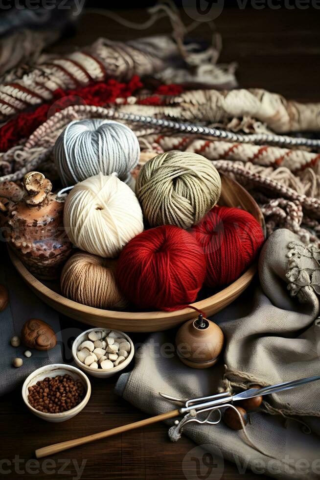 tricot aiguilles, de laine fils, fil des balles sur une en bois Contexte ai généré photo