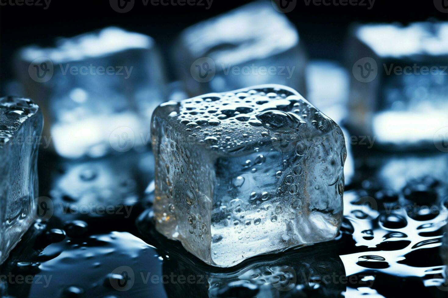 brillant la glace cubes orné avec pétillant l'eau gouttelettes, une rafraîchissant vue ai généré photo