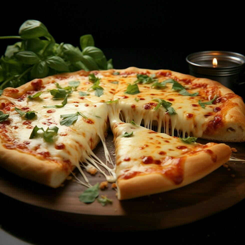 délicieusement ringard italien Pizza tranche, avec quatre les fromages et basilic pour social médias Publier Taille ai généré photo