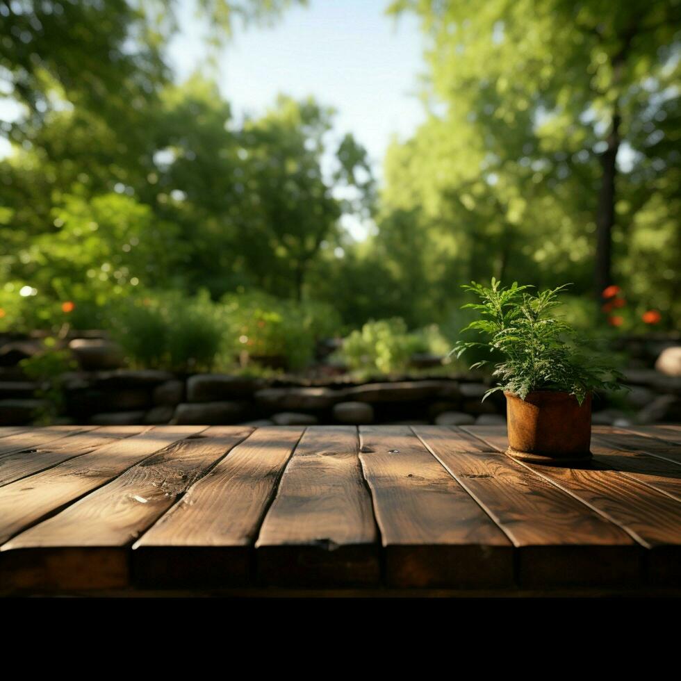 Extérieur exposition Plate-forme inoccupé en bois table dans parc, parfait pour la nature à thème présentations pour social médias Publier Taille ai généré photo