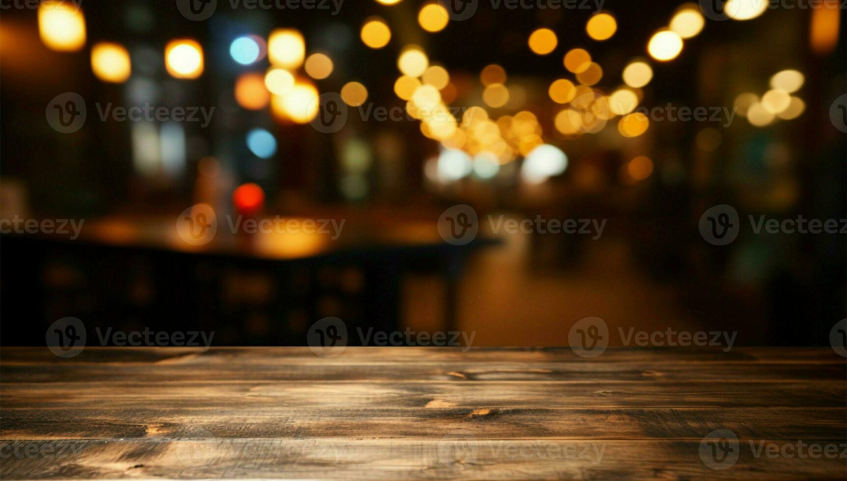 Restaurants bokeh Contexte derrière une foncé en bois table pour produit placement ai généré photo