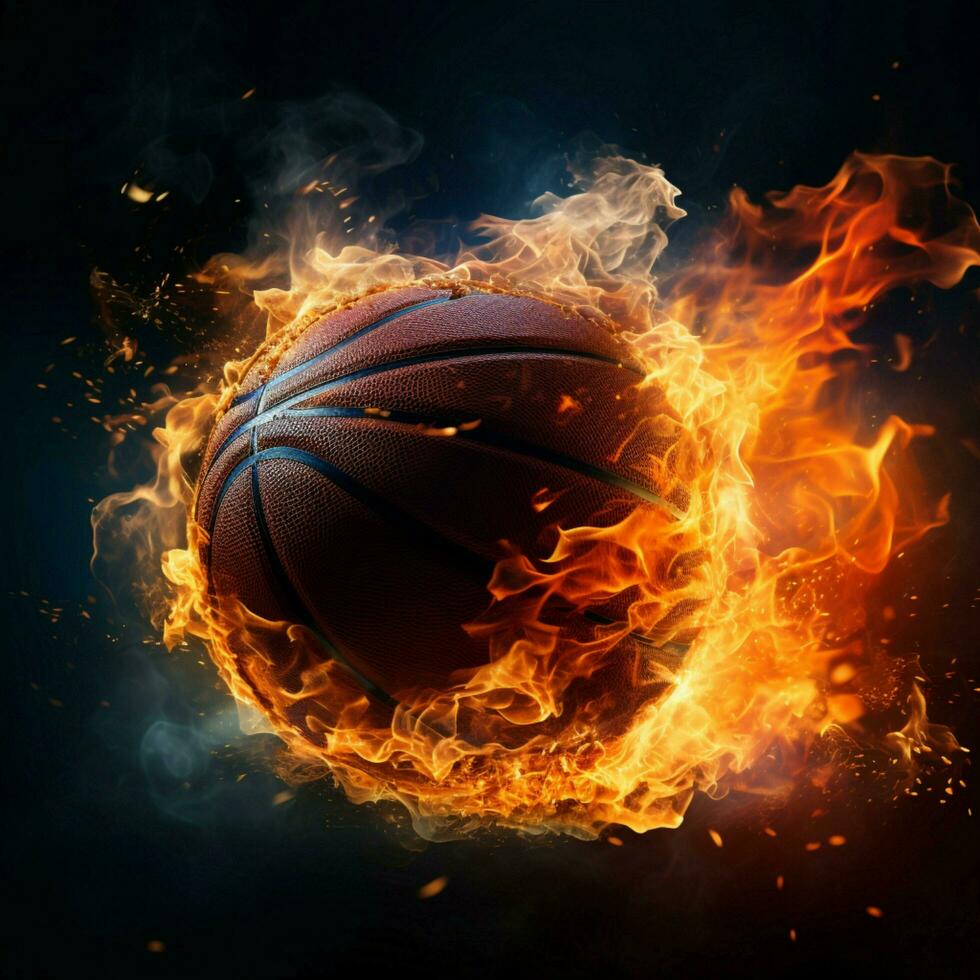 incroyable vitesse, basketball avec flammes, sur ses façon à le panier pour social médias Publier Taille ai généré photo