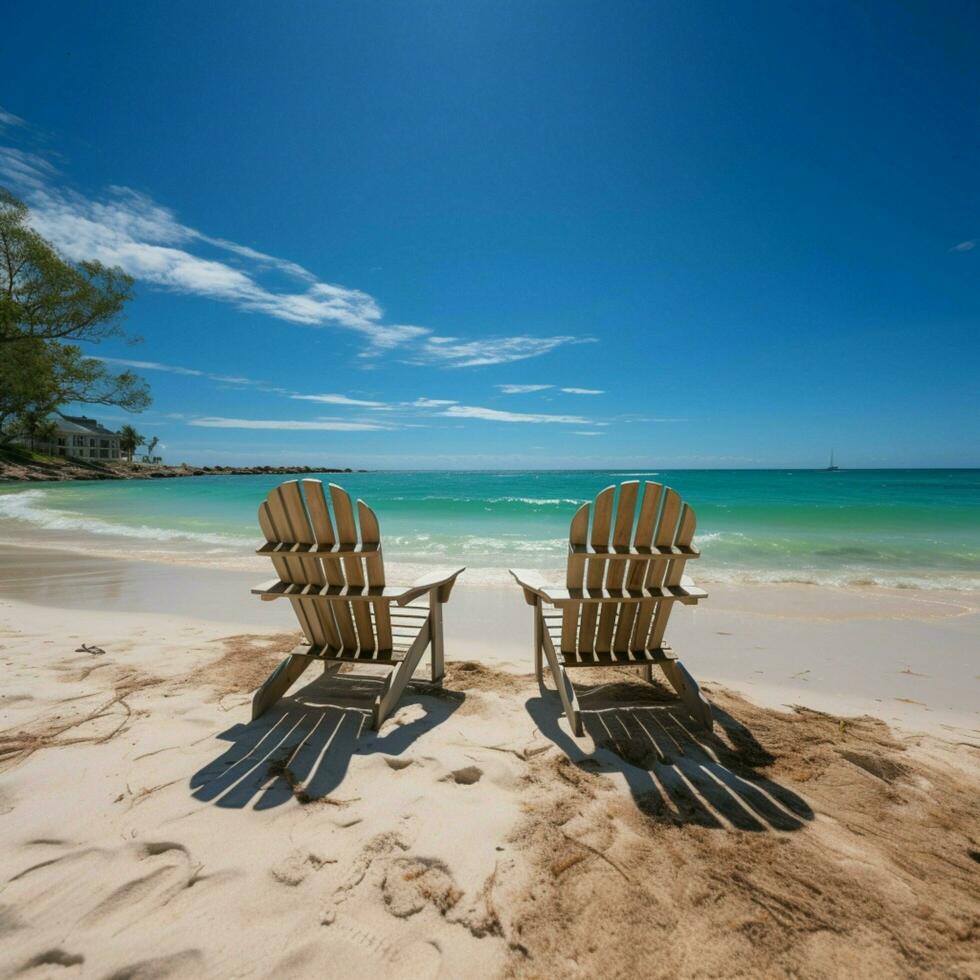 littoral relaxation plage chaises sur blanc le sable en dessous de ensoleillé bleu ciels pour social médias Publier Taille ai généré photo