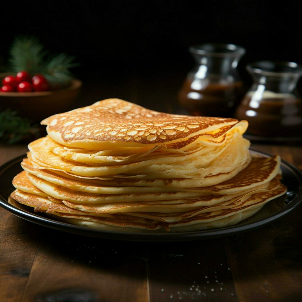 se livrer dans le texture de mince Crêpes sur une rustique assiette pour social médias Publier Taille ai généré photo