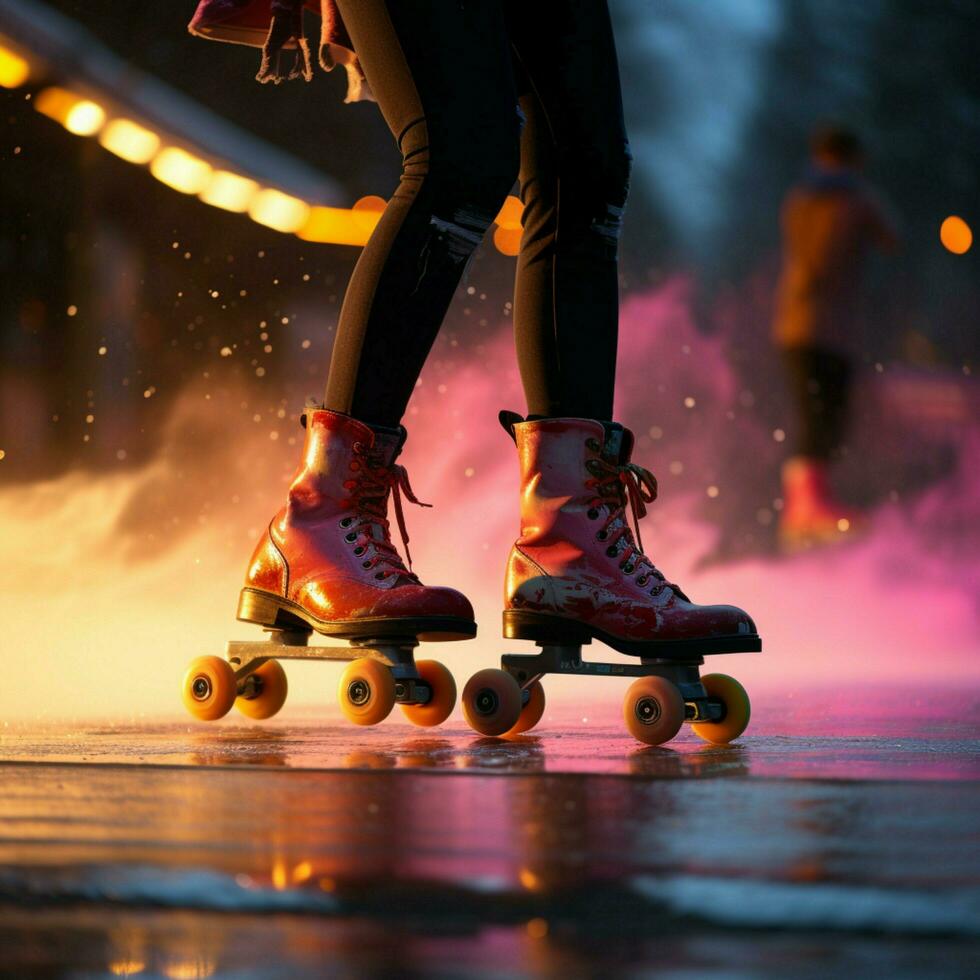 jambes dans mouvement, silhouettes de paires révéler rouleau patin passionnés dynamisme pour social médias Publier Taille ai généré photo