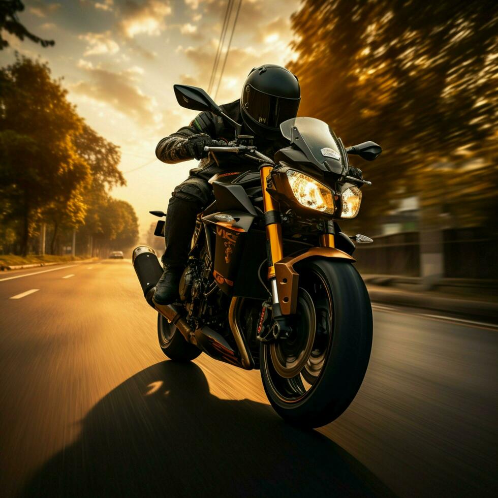lever du soleil Autoroute tiret motocycliste dans mouvement, spacieux copie zone valoriser de bonne heure Matin vibe pour social médias Publier Taille ai généré photo