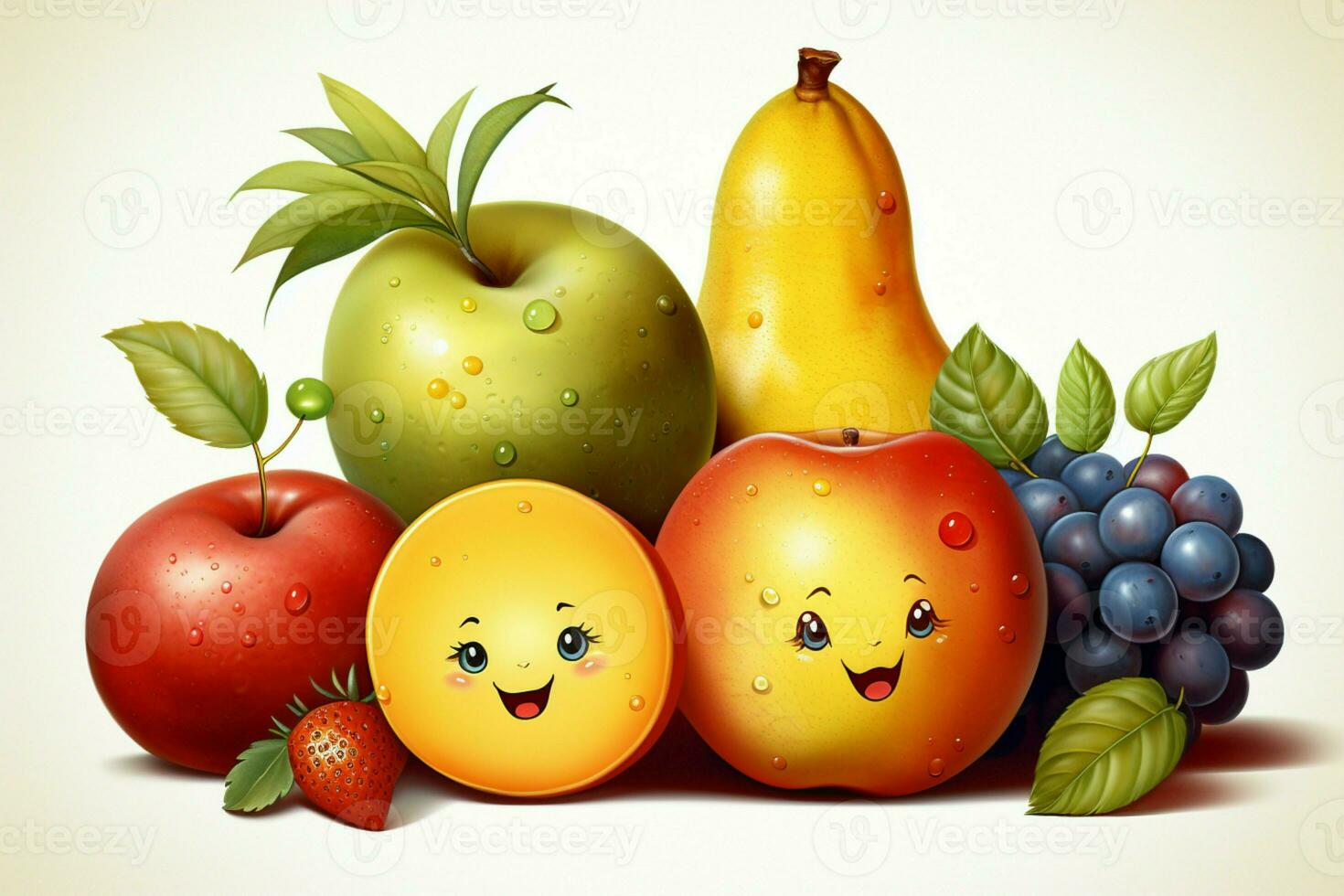 Trois super taille et expressif dessin animé fruit des illustrations sur une blanc Contexte ai généré photo