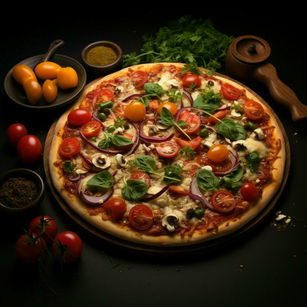 saveur le vibrant beauté de une Haut vue légume surmonté Pizza pour social médias Publier Taille ai généré photo