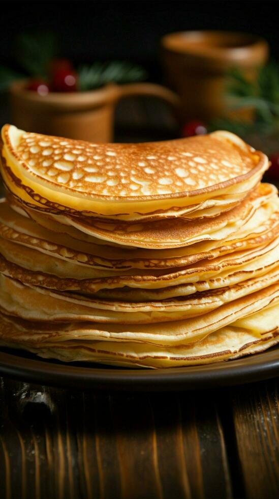 délicieux mince Crêpes présenté dans une proche en haut sur en bois toile de fond verticale mobile fond d'écran ai généré photo