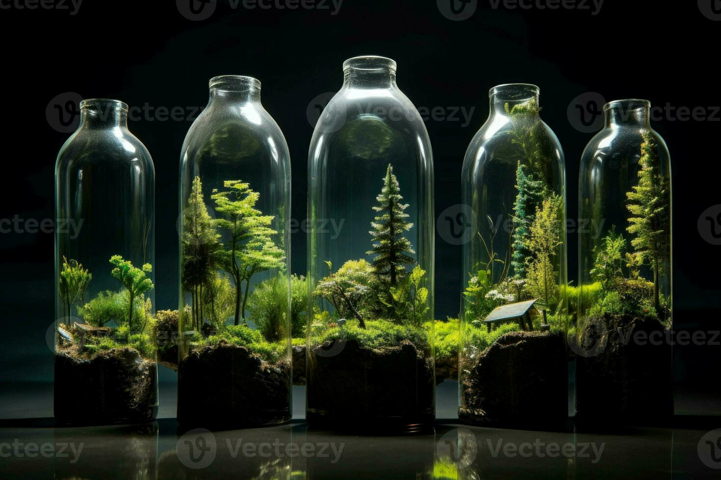 transparent verre bouteille avec vert écosystème. produire ai photo