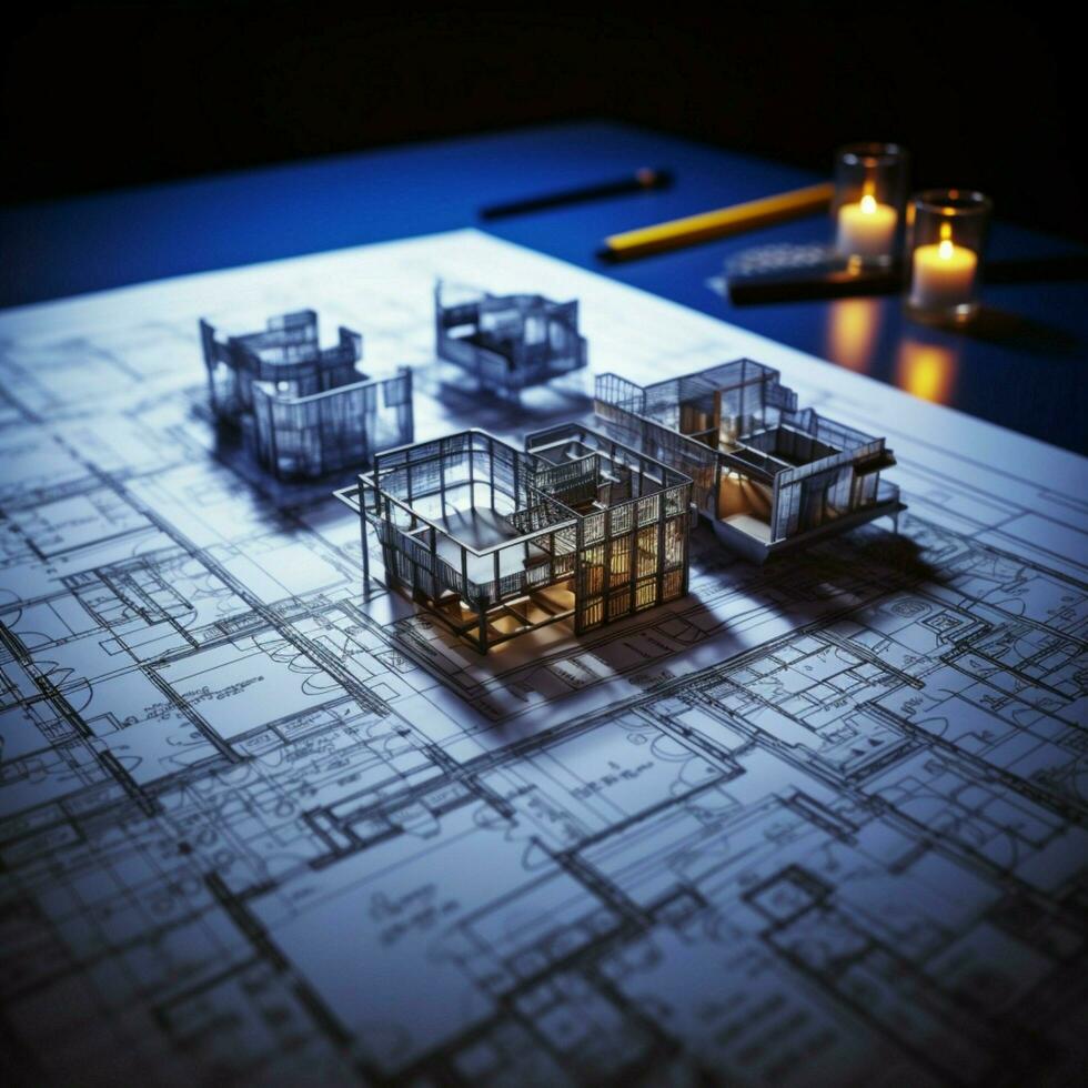 plan organisation roulé architectural des plans soigneusement mis sur tableau, Créatif travail environnement pour social médias Publier Taille ai généré photo