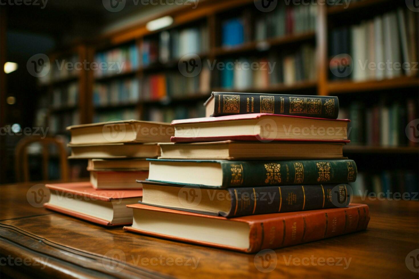 organisé livres un haut tableau, bibliothèque étagères brouiller un académique toile de fond ai généré photo