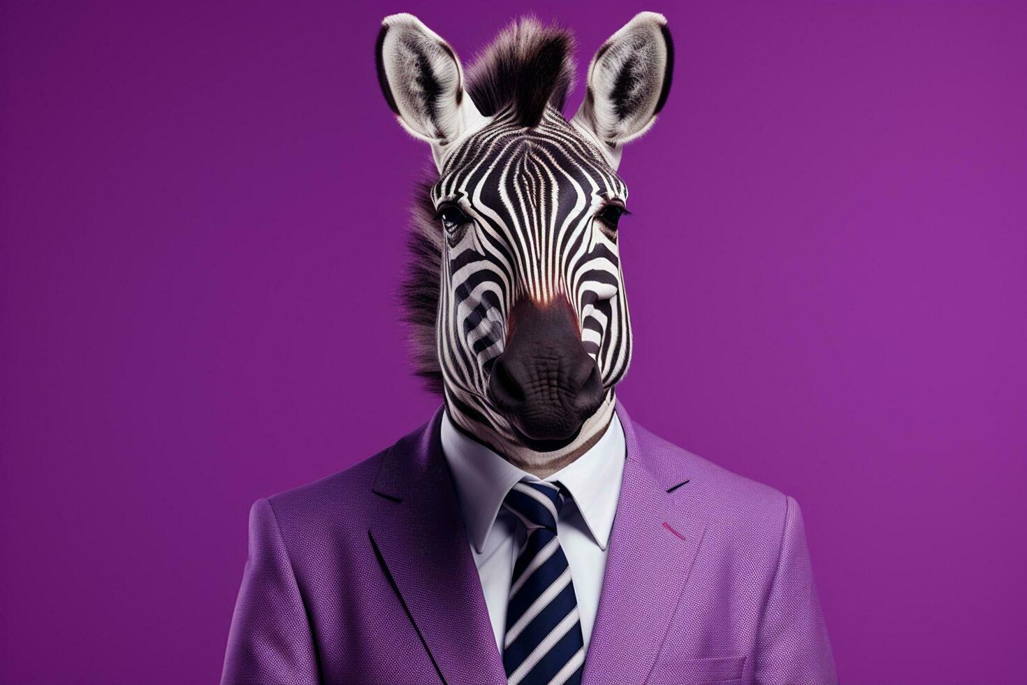 portrait de une zèbre dans une costume sur une violet Contexte ai généré photo