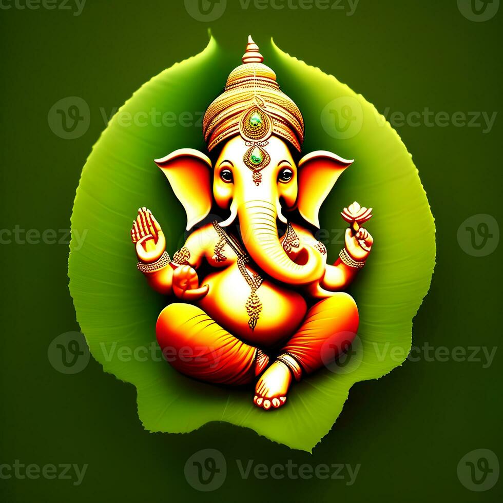 golden-matel-murti-ganesh-inidan-dieu-nuit-barrière-et-almp-et-fleur-à l'intérieur-en-forme-de-lune-nuit ai illustration de ganesha hindou Dieu, avec fleurs, pétrole La peinture pris en haut dans paradis, séance dans de face photo