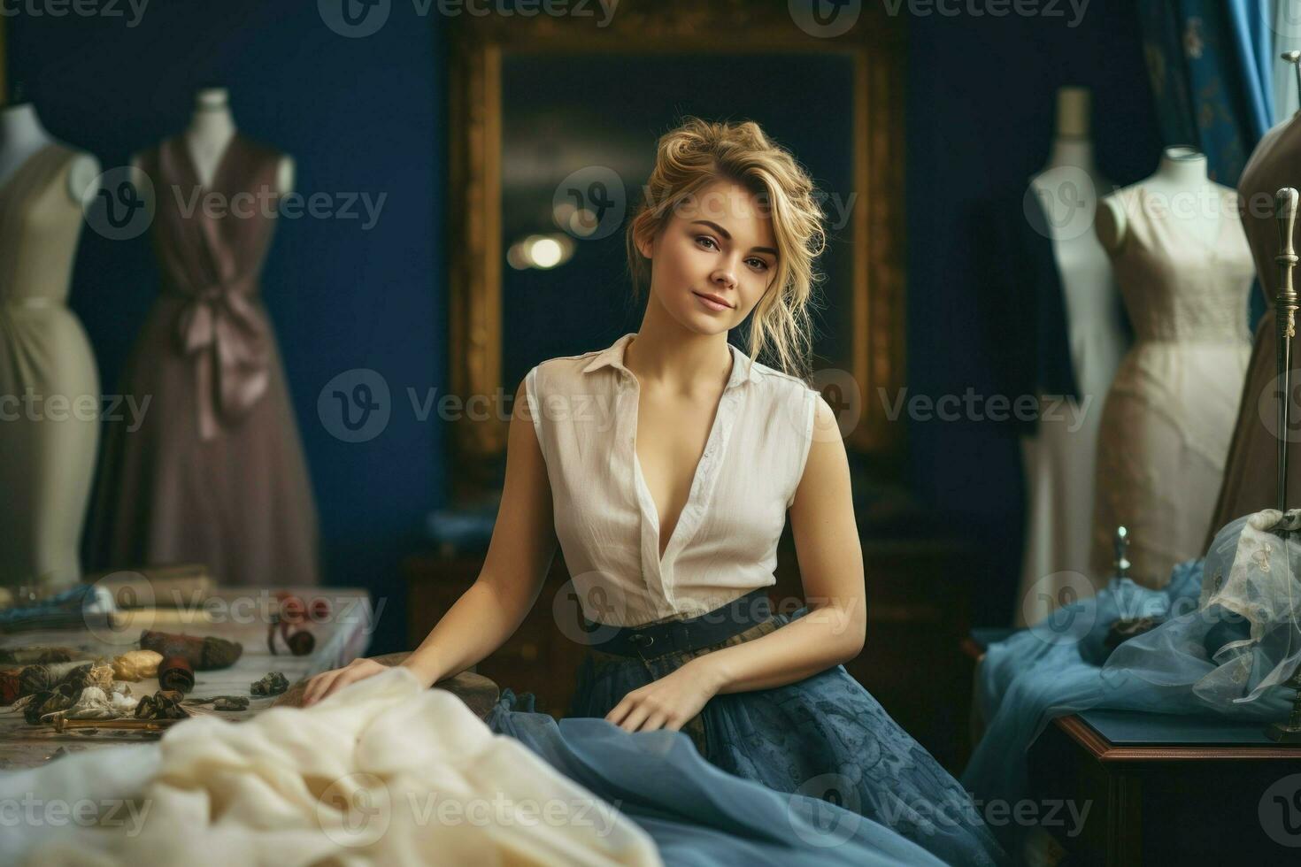 Jeune couturière dans salle de travail avec miroirs. produire ai photo