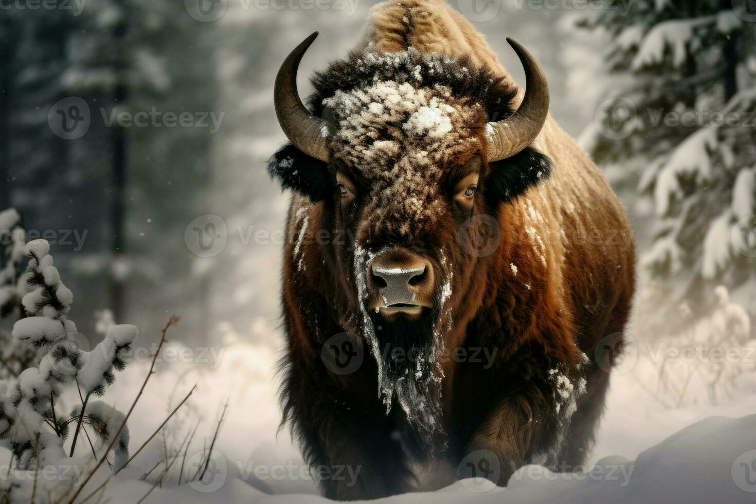 tranquille bison neige forêt. produire ai photo