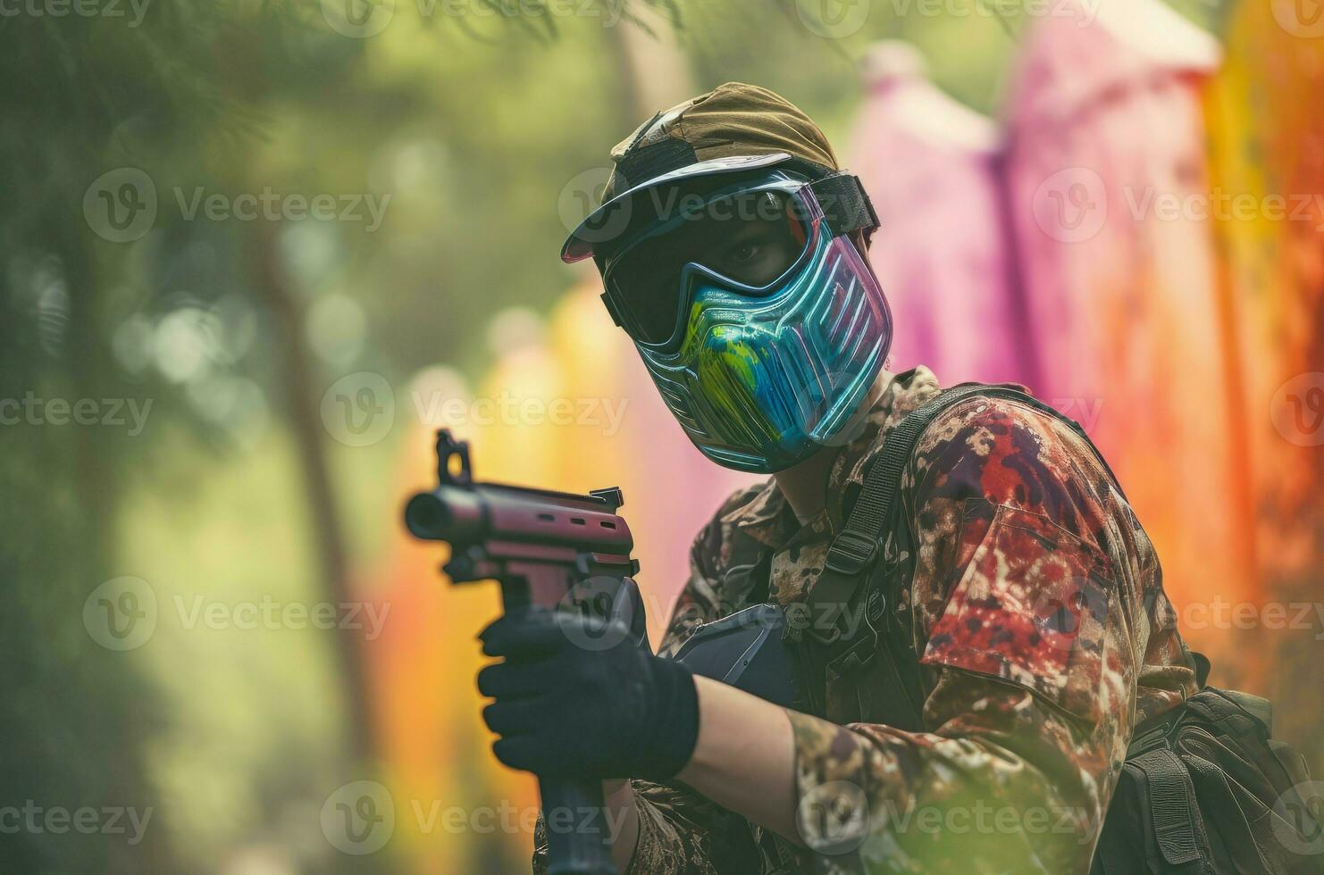 la personne en jouant paintball pistolet tournage. produire ai photo