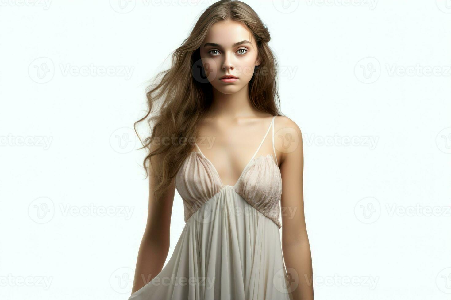 magnifique Jeune fille dans transparent robe isolé sur blanc Contexte. produire ai photo