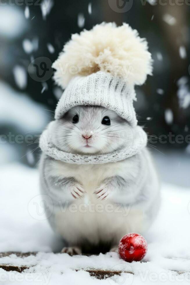 Noël chinchilla dans miniature bonhomme de neige costume ornements Contexte avec vide espace pour texte photo