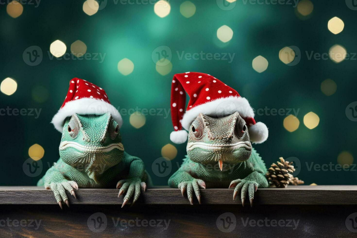 Nouveau ans caméléon portant miniature santas chapeau et tinter cloches Contexte avec vide espace pour texte photo