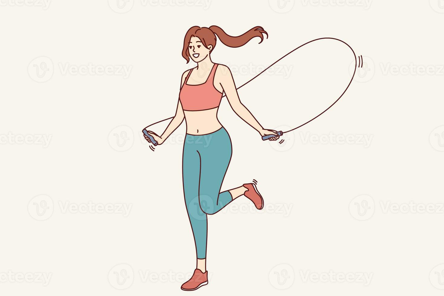 athlétique femme sauter sur saut corde pour aptitude, Faire physique des exercices, habillé dans tenue de sport photo