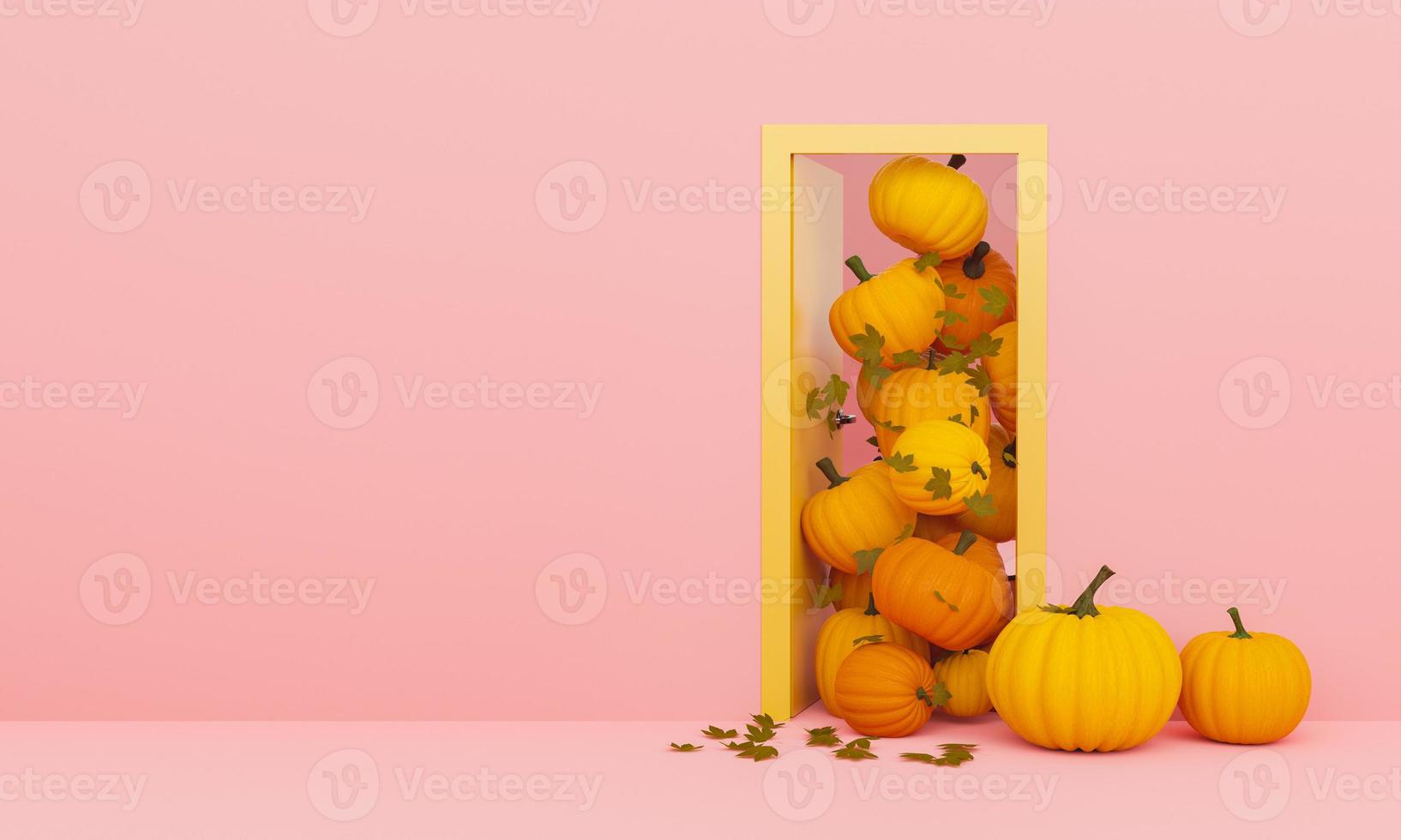 porte avec citrouilles et feuilles d'automne photo