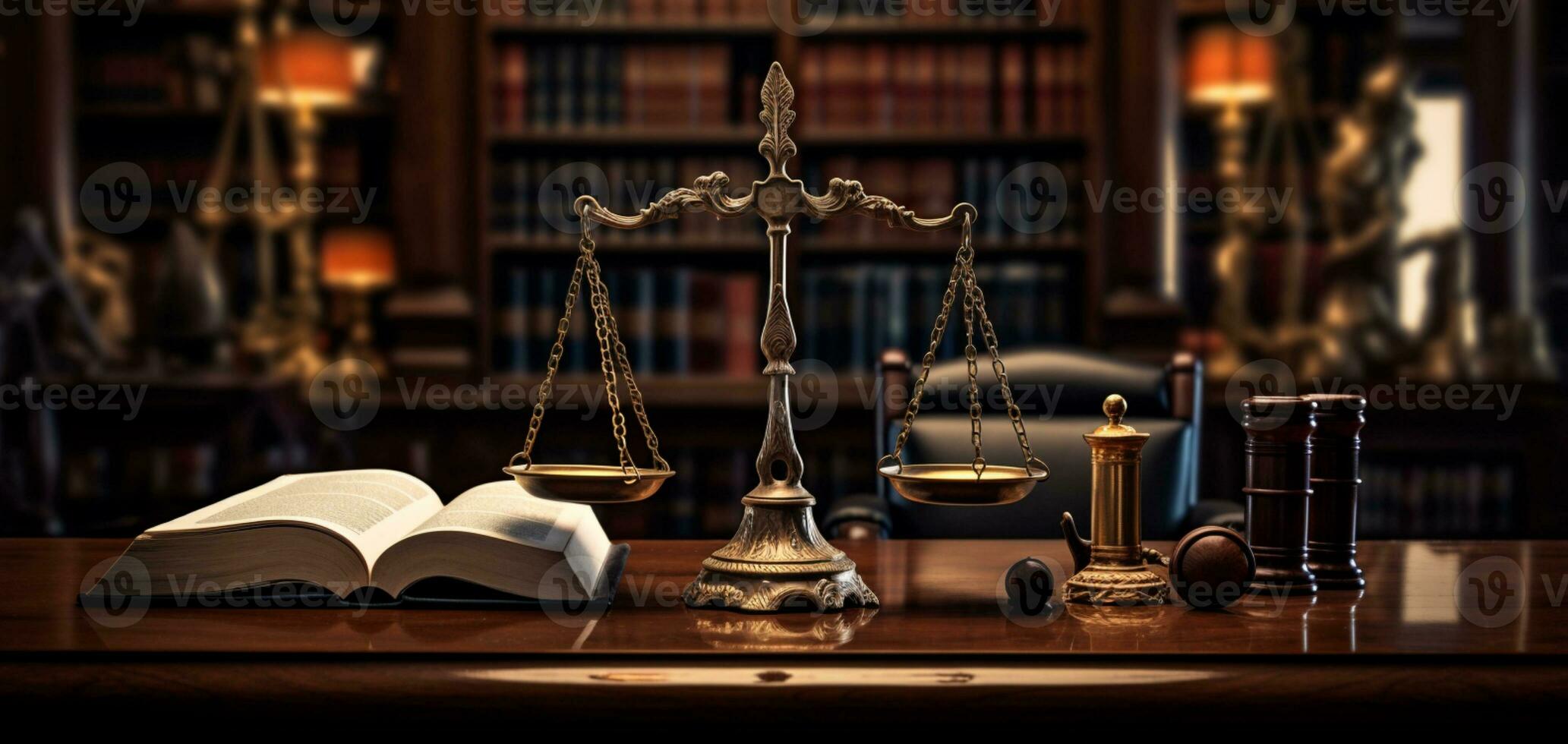 3d rendu loi légal système Justice la criminalité concept maillet marteau marteau et Balance sur table ai génératif photo