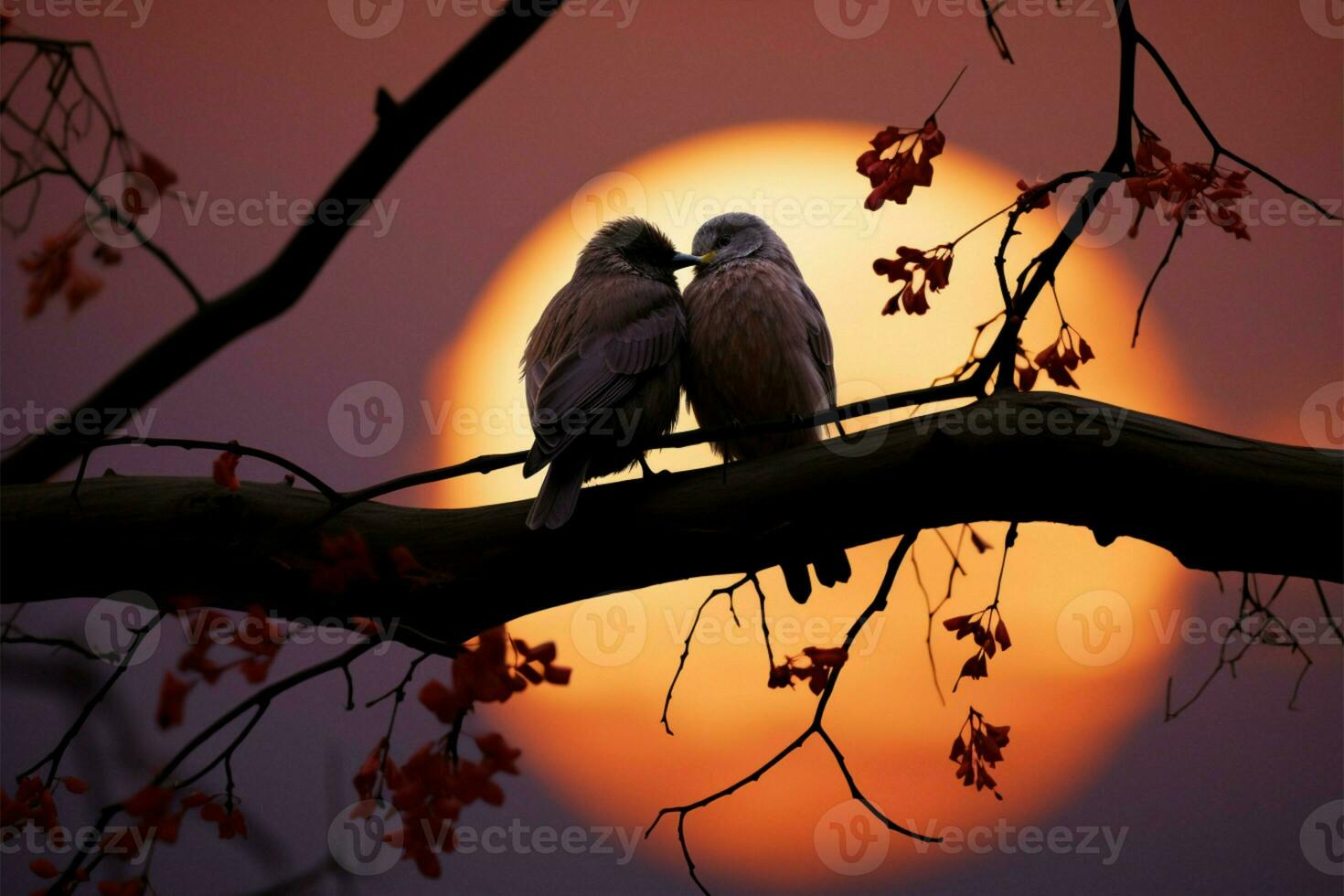 amoureux dans silhouette, perché sur une arbre bifurquer, partager affection ai généré photo