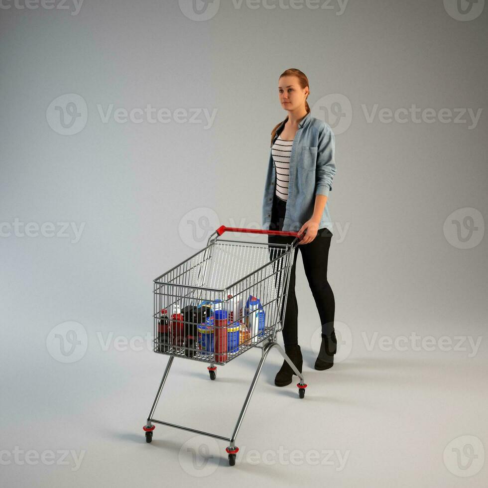 content Jeune femme à la recherche à des produits dans épicerie boutique et achat des biens dans supermarché. photo