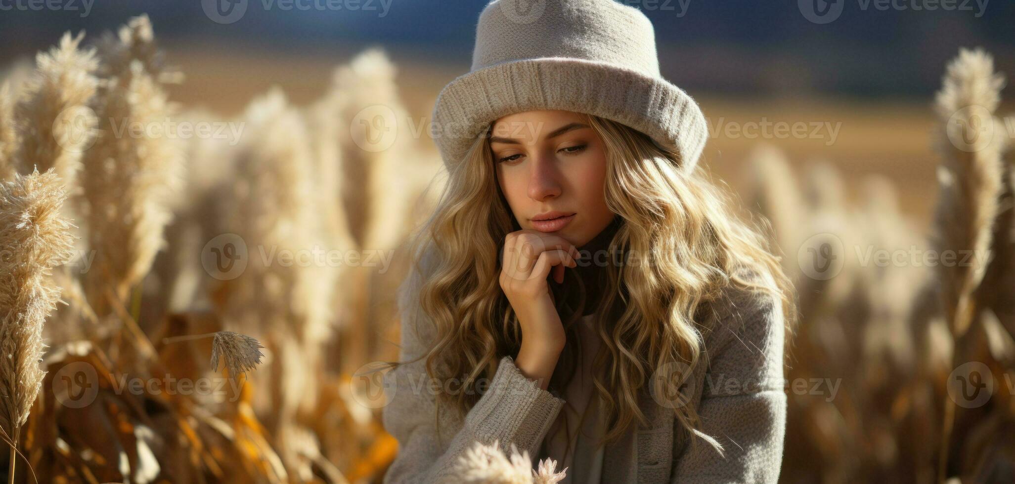 blond femme dans beige chandail pose dans le champ.. génératif ai photo
