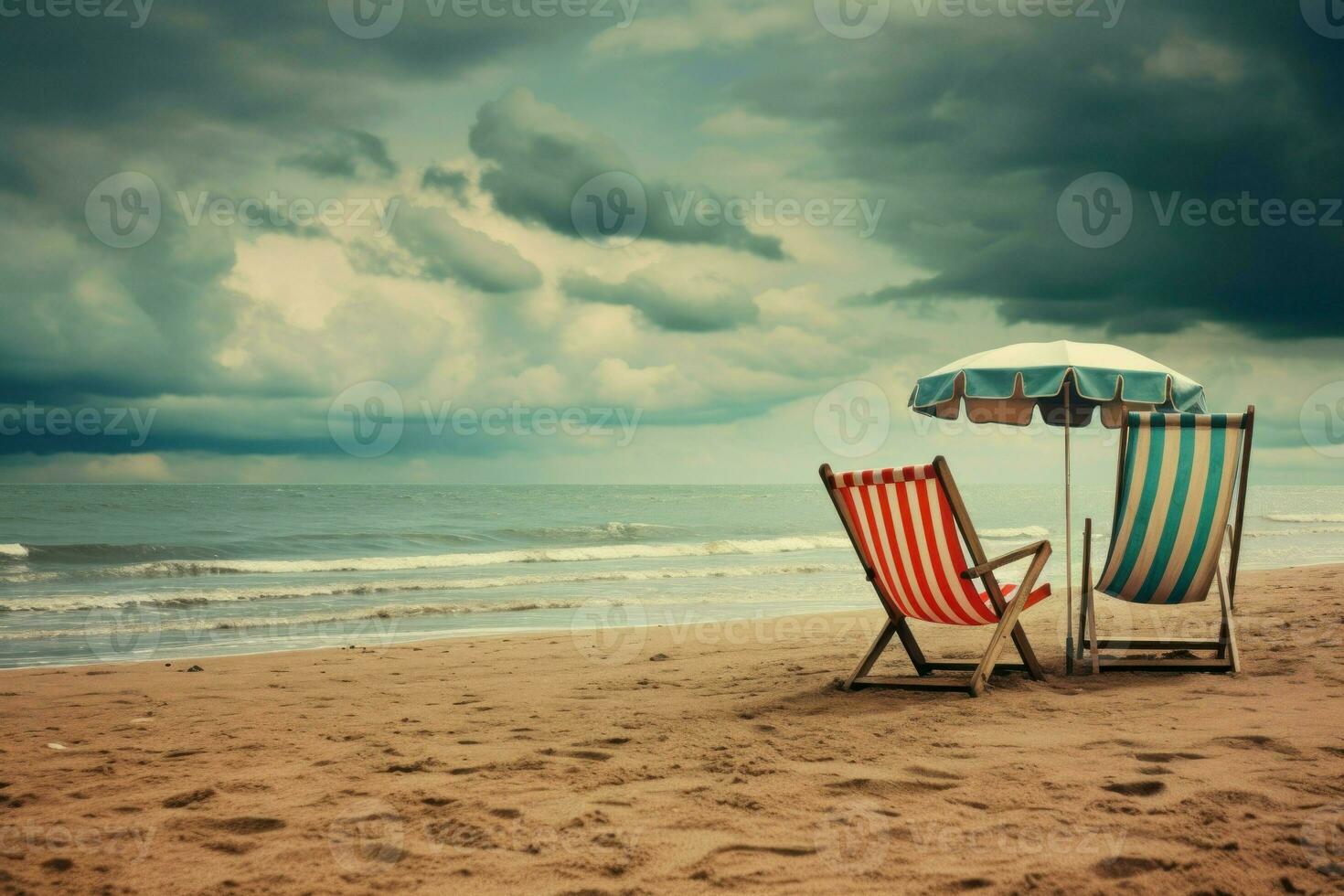 confortable plage chaises parapluie. produire ai photo